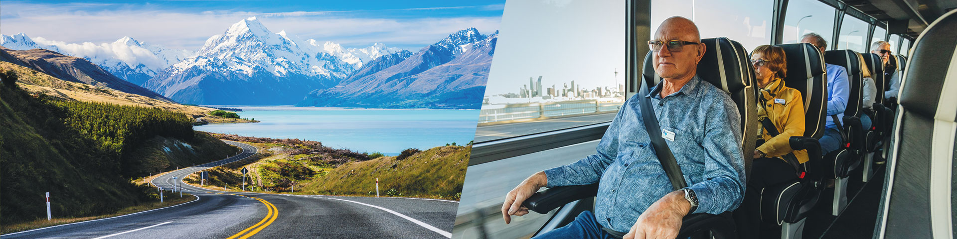 Passengers in coach and South Island road with views of a lake with a mountain range in the background